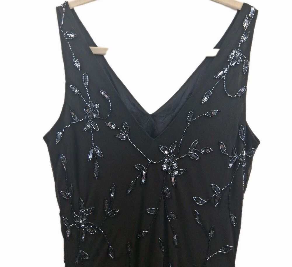 J Kara Vintage Black Beaded Midi Dress Size 10 Flapper Art Deco Formal Evening - Picture 8 of 16